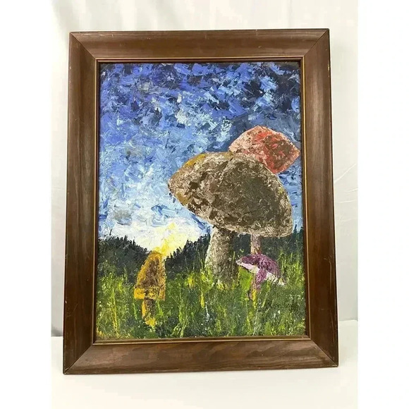 VTG Colorful Trippy Mushroom Acrylic Painting 1970's Landscape 21"x 27.5" - Picture 6 of 9